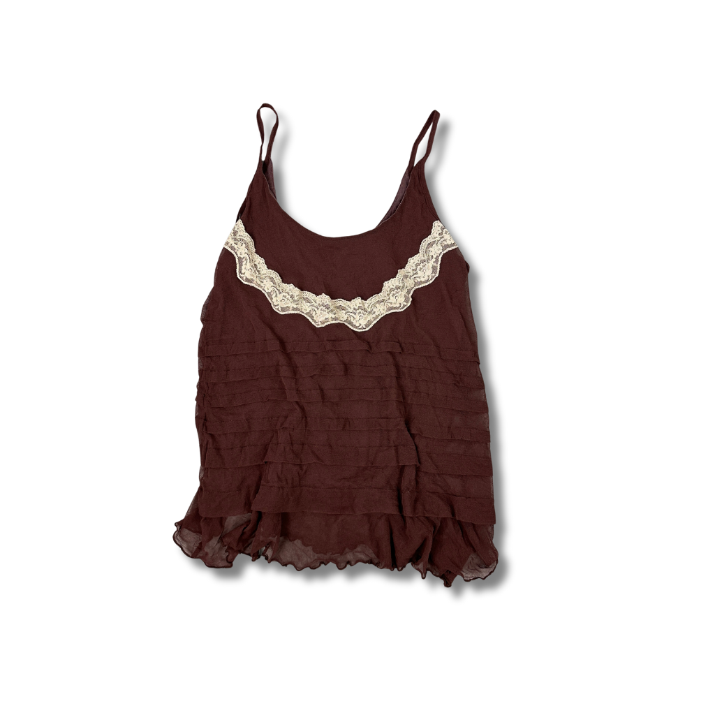 Vintage Boho Camisole in Braun mit Spitze (XS-S)