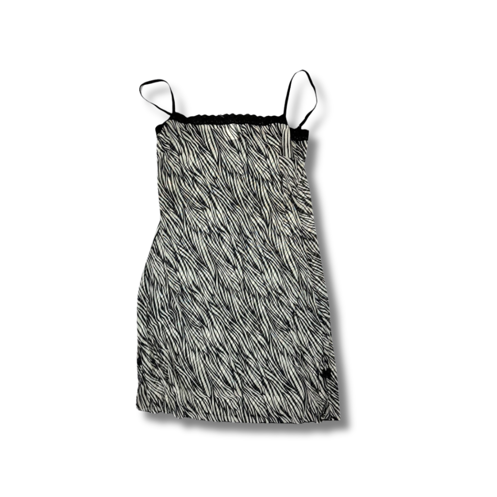 Y2K Zebra Print Slip Dress – Black & White Mesh Look mit Lace (XS-S)
