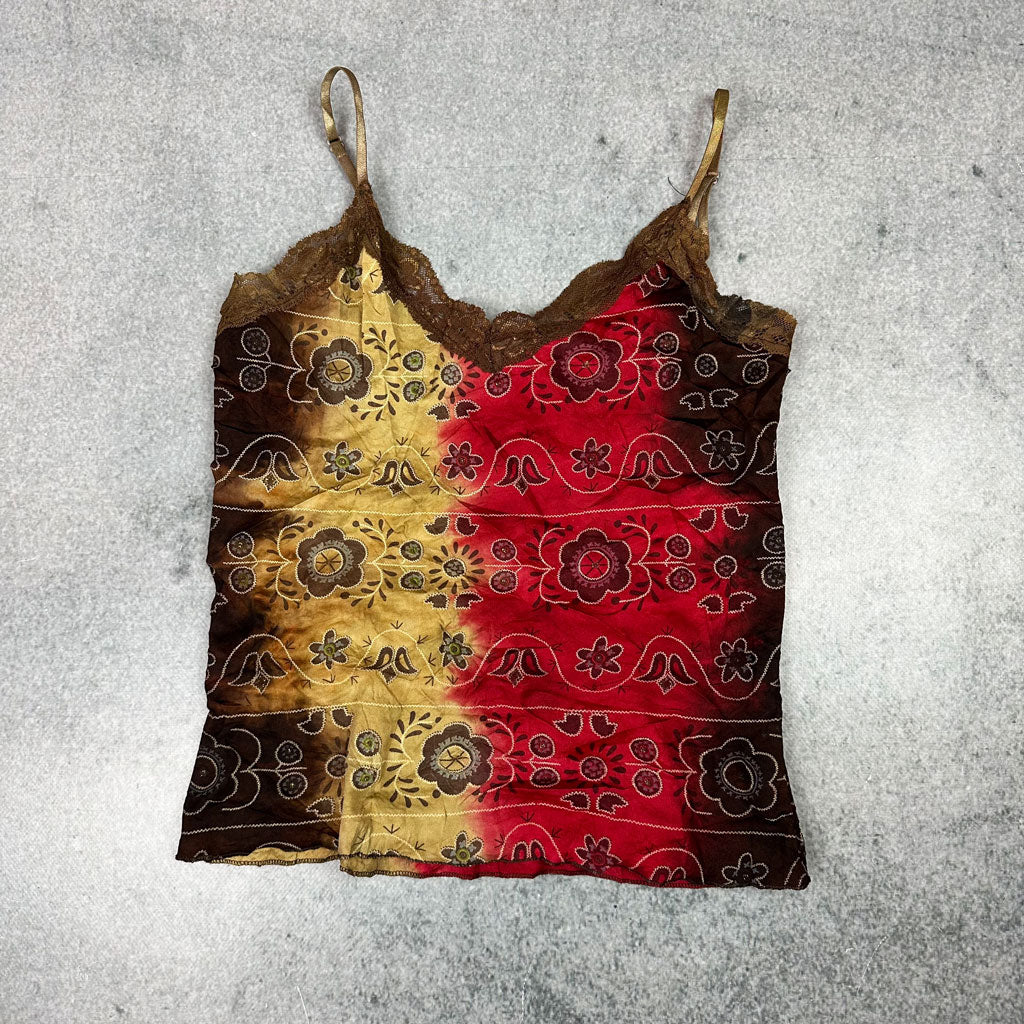Y2K Bandana Cami Top – Vintage Batik Crop mit Spitze (XS-S)