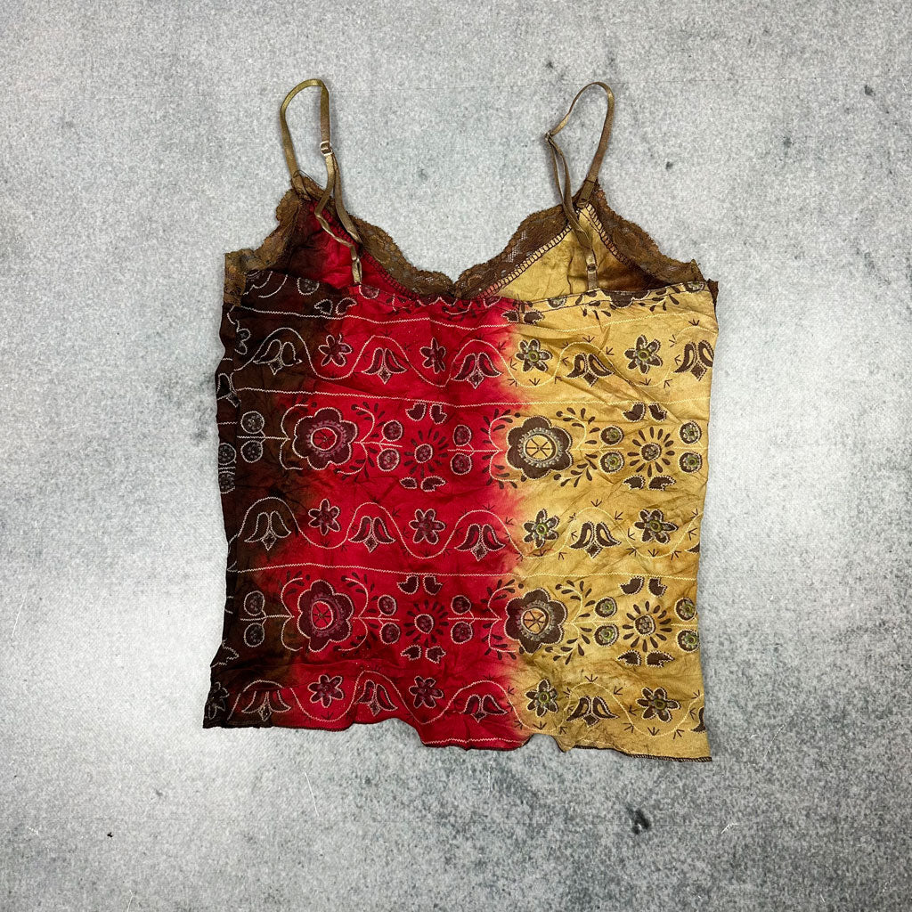 Y2K Bandana Cami Top – Vintage Batik Crop mit Spitze (XS-S)