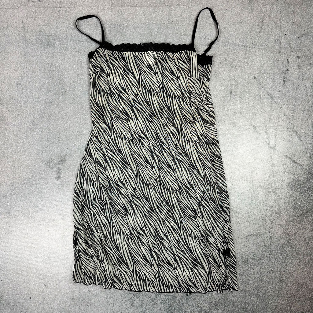 Y2K Zebra Print Slip Dress – Black & White Mesh Look mit Lace (XS-S)