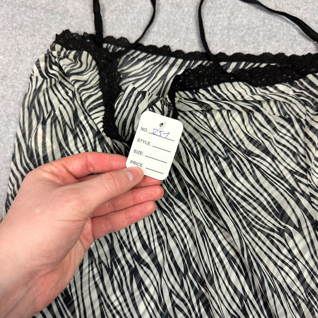 Y2K Zebra Print Slip Dress – Black & White Mesh Look mit Lace (XS-S)
