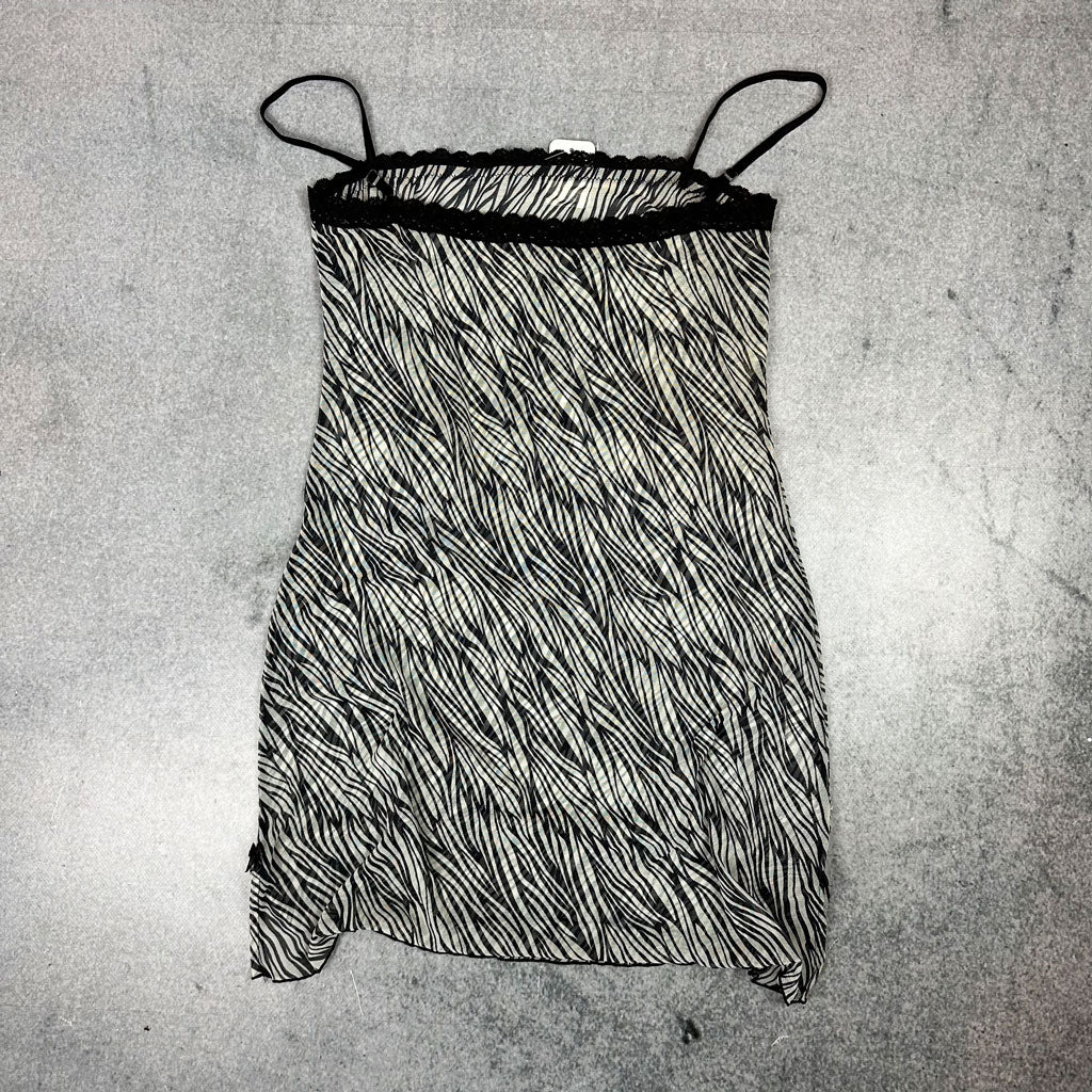 Y2K Zebra Print Slip Dress – Black & White Mesh Look mit Lace (XS-S)