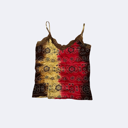 Y2K Bandana Cami Top – Vintage Batik Crop mit Spitze (XS-S)