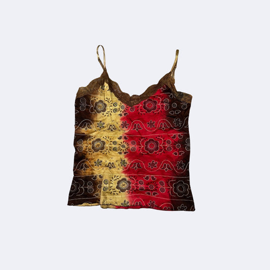 Y2K Bandana Cami Top – Vintage Batik Crop mit Spitze (XS-S)