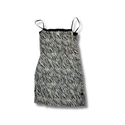 Y2K Zebra Print Slip Dress – Black & White Mesh Look mit Lace (XS-S)