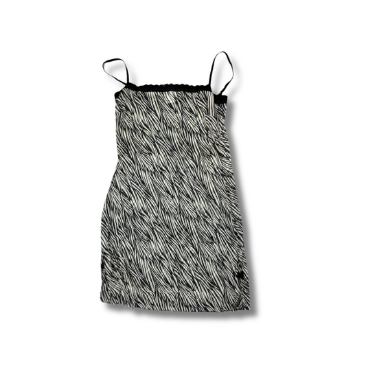 Y2K Zebra Print Slip Dress – Black & White Mesh Look mit Lace (XS-S)