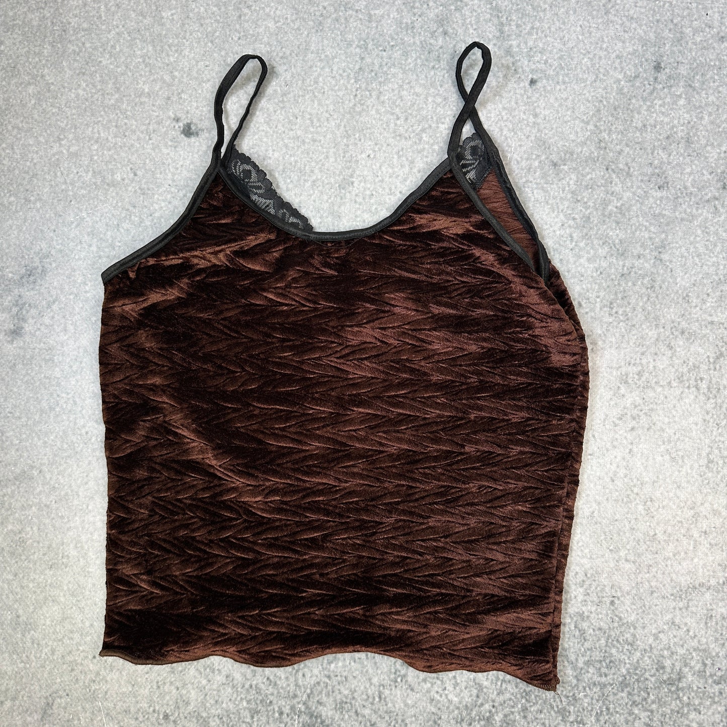 Camisole Top aus Samt in Braun mit Spitzenbesatz – Vintage 90s (XS-S)